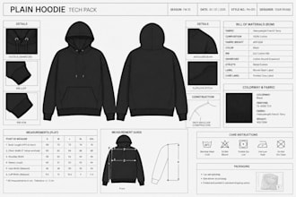 create clothing hoodie tech pack streetwear and activewear flat sketch for brand