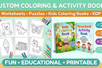 design kids activity book, coloring book and worksheets