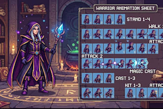 design custom pixel art character sprites and animations