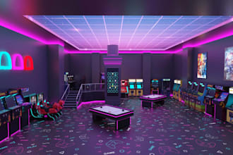 design 3d game center, game lounge, gaming room, home studio, isometric room