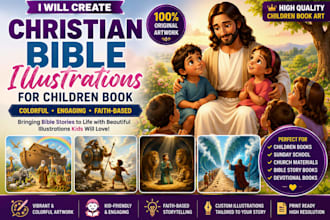 create christian bible illustrations for children book with colorful artwork