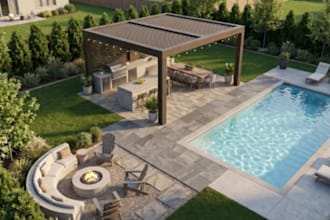 do backyard landscape design, pool, patio, garden landscape rendering 3d design