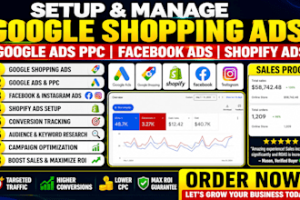 setup and manage google shipping ads ppc campaign adword facebook shopify ads