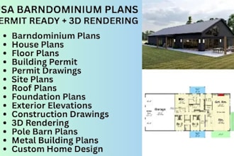 design and render USA barndominium plan for building permit and 3d visualization