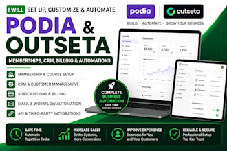 set up podia, outseta, memberships, CRM and automations