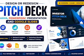 design or redesign pitch deck, canva, powerpoint presentation and goggle slide