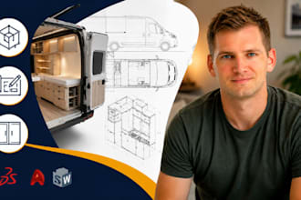 camper van technical drawing, rv cad, cabinet blueprint, solidworks pro autocad