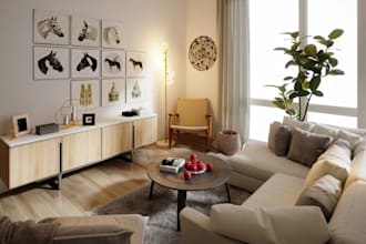 design photorealistic japandi apartment log style living room with custom decor