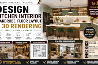 design kitchen interior, wardrobe floor layout and 3d rendering