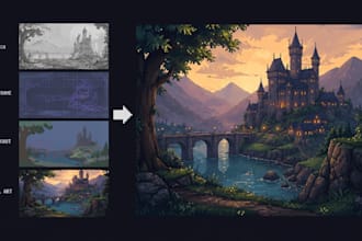 draw pixel art background, scene, tileset, scenery, and game environment art