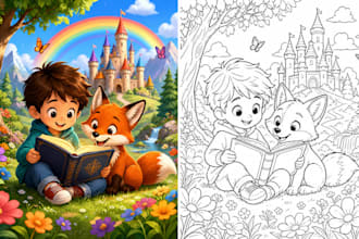 create unique coloring page, kid coloring book, children story book illustration