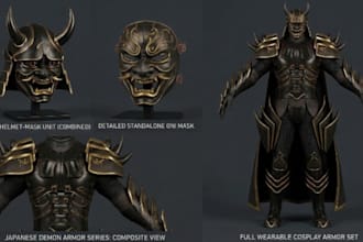 design realistic cosplay armor, helmet, mask and weapon stl model