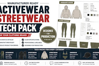 create manufacturer ready activewear streetwear tech pack for clothing brand