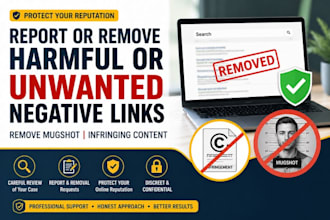 report or remove harmful or unwanted negative links, remove mugshot, infringing