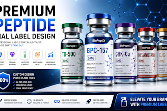 design premium peptide vial label, product label and 3d mockup