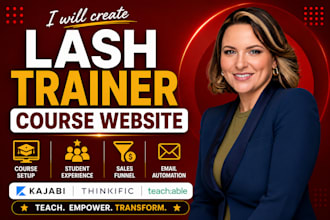 build kajabi thinkific teachable lash trainer course website, CRM sales funnel