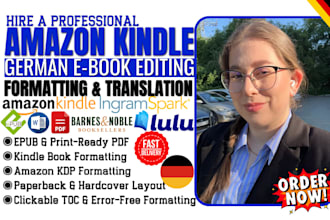 format edit translate german book, amazon KDP kindle ebook paperback formatting