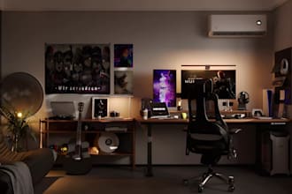 create realistic gaming setup and streamer studio home office with custom decor