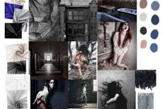 create a fashion mood board, concept sketches, and color palette