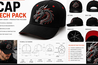 design custom hats and caps with tech pack and  mockups for manufacturing