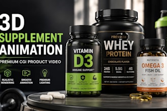 create realistic 3d supplement bottle animation and cgi product video