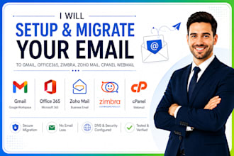 setup, migrate your email to gmail, office365, zimbra, zoho mail, cpanel webmail