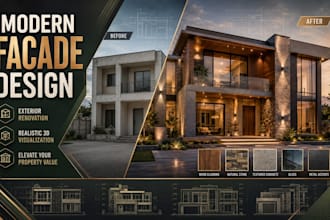 design modern house facade and realistic exterior 3d rendering