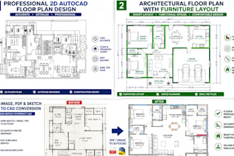 convert PDF, sketch, or image to cad floor plan with furniture layout blueprint