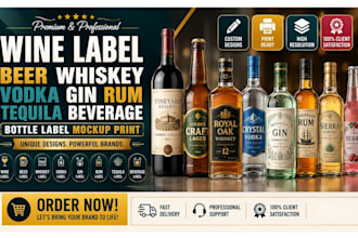 wine label beer whiskey vodka gin rum tequila beverage bottle label mockup print