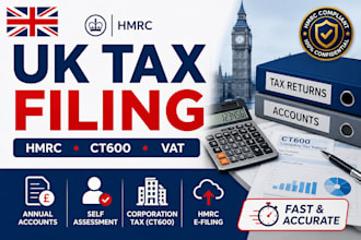 file UK company accounts, corporation tax ct600, vat return, and hmrc tax filing
