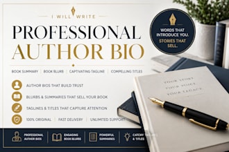 write a professional author bio, book summary, blurb, and captivating tagline