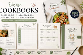 design cookbook, recipe book, meal planner, grocery list and kitchen blinder