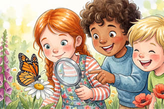illustrate a colorful children book with custom storybook artwork
