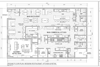 design modern commercial kitchen, restaurant layout, shop and cad drawings