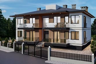 craft realistic 3d external rendering, glass balustrades, cgi internal twilight