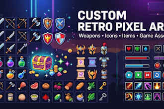 design retro pixel art weapons, icons, items and game assets
