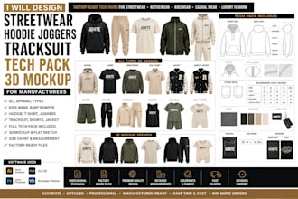 design streetwear hoodie joggers tracksuit tech pack 3d mockup for manufacturers