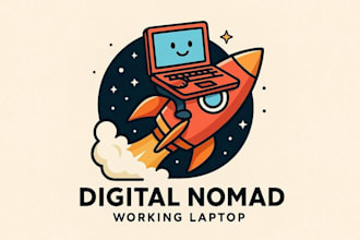 design digital nomad working laptop cartoon rocket logo in illustrator