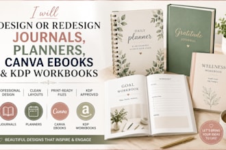 design redesign journal, edit canva ebooks, digital planner workbook design KDP