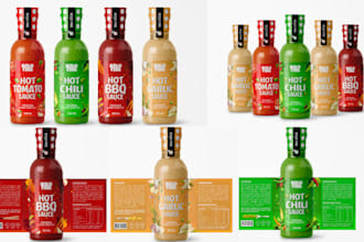 design sauce bottle label, spice, seasoning, olive salsa, hot sauce label design