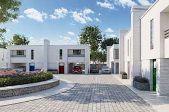 convert sketch to 3d house, cgi townhome complex, white brick, gated community