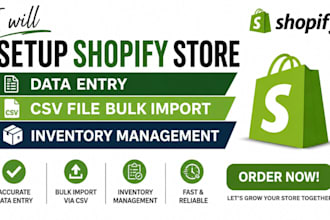 setup shopify, do product listing, csv import data entry, image editing manually