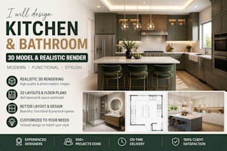 design modern kitchen, bathroom interior with realistic 3d rendering
