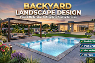 design backyard landscape with pool patio garden in realistic 3d render
