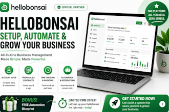 setup hello bonsai CRM automation client portal workflows proposals, clickup