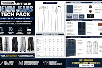 create premium streetwear denim jeans tech pack for clothing brands, manufacture