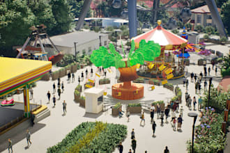 design realistic 3d amusement park, entertainment centers with realistic render