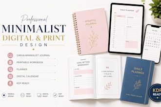 design canva minimalist journal, printable workbook, planner, digital calendar