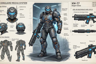 draw mecha helmet, weapon, armor concept art