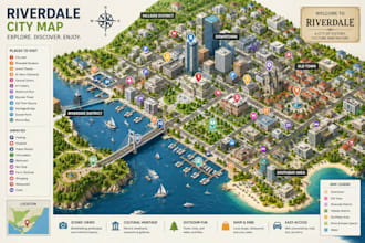 create a custom 3d isometric city map, tourist map, and location illustration